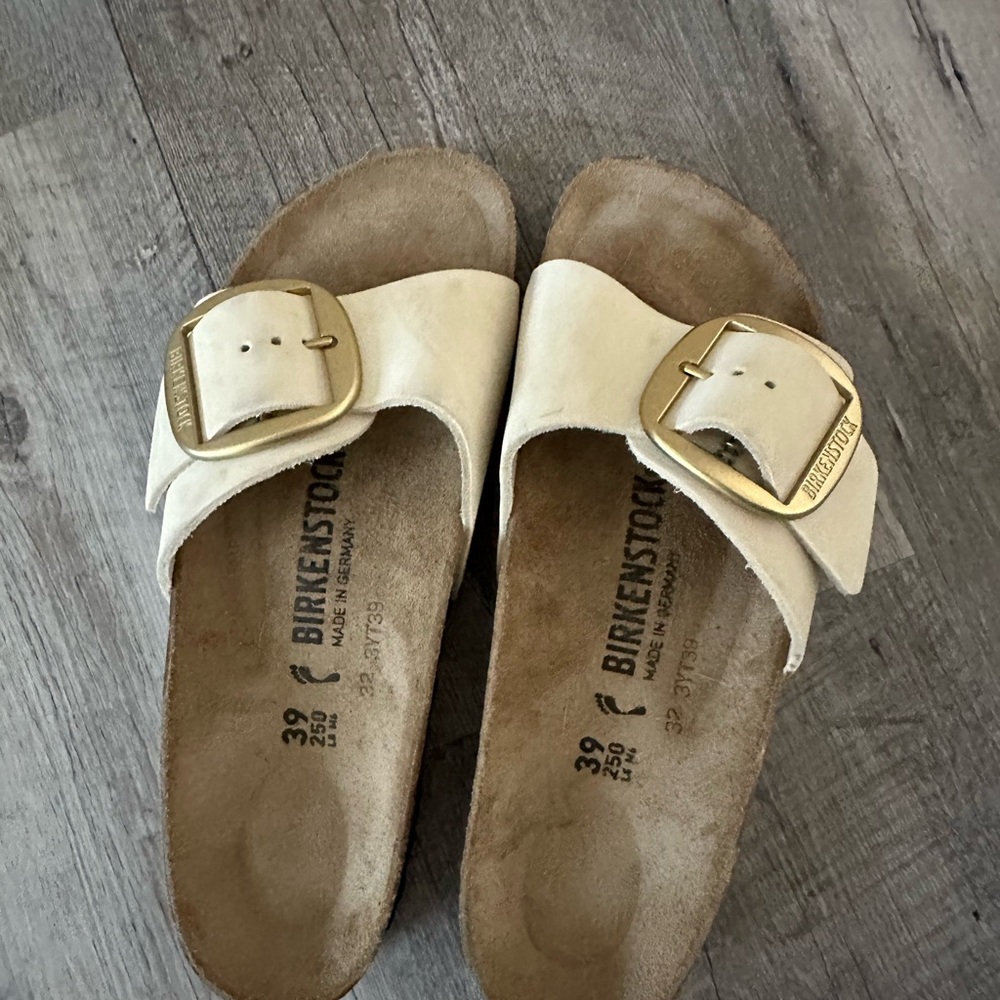 Birkenstock Single Strap Sandals in Ivory with Gold Buckle